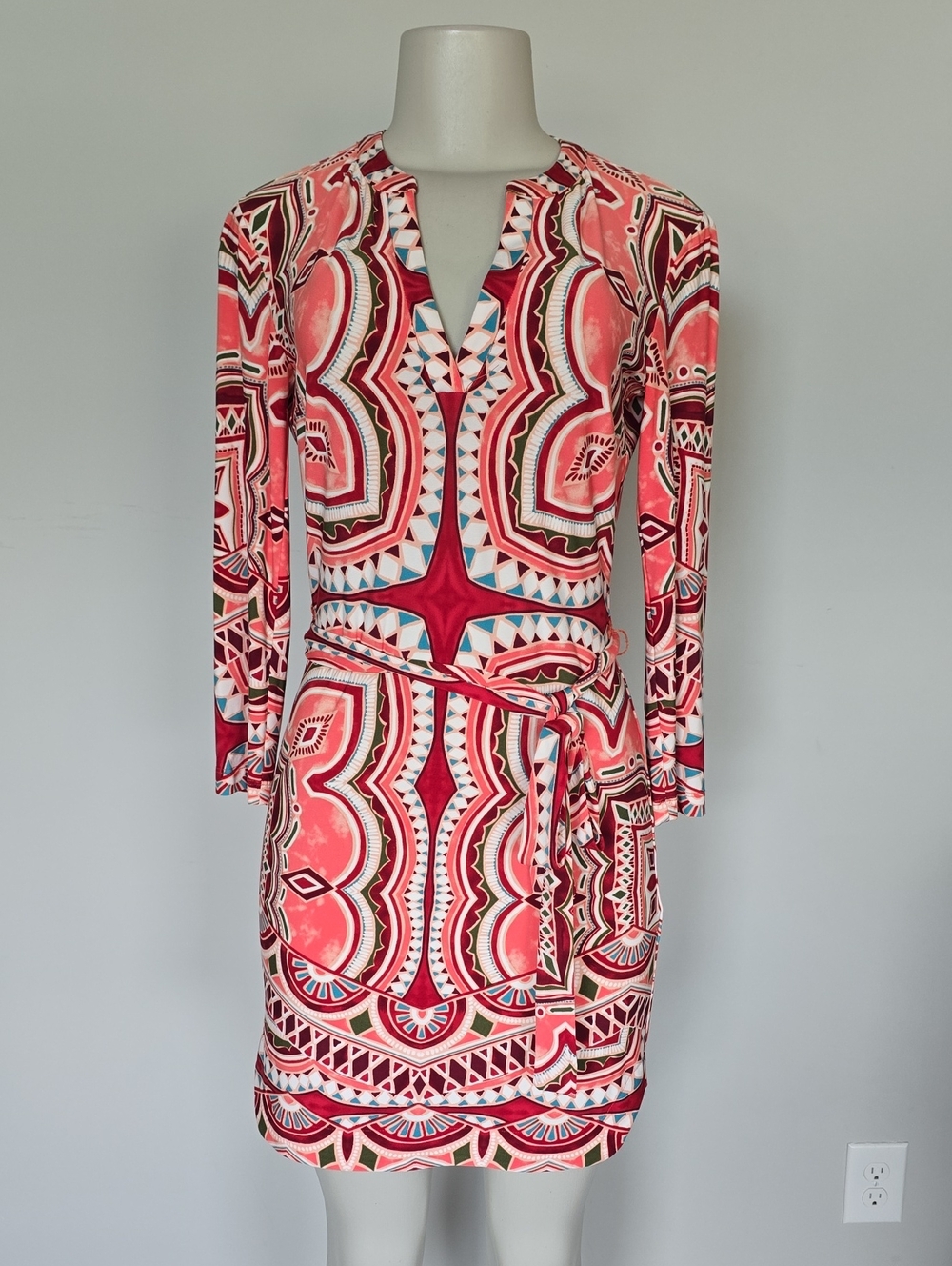 Ali Ro red/coral fancy print belted dress-0
